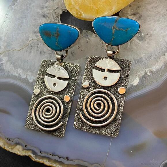 Alex Sanchez Native American Sterling Turquoise Petroglyph Dangle Earrings #2 - Picture 3 of 10